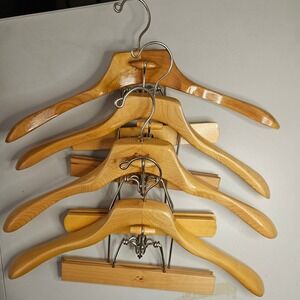Vintage Setwell Wooden Suit Hangers with Pant Clamps Lot of 4 Maple Wood Valet